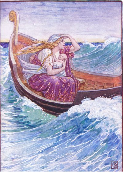 Łódź przez dwa dni i dwie noce rzucała się tu i tam, ilustracja z Historii Grecji, lata 30. XX wieku autorstwa Walter Crane