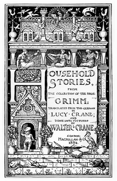 Przednia okładka „Household Stories” braci Grimm, wydanej przez Macmillan und Co., 1882 autorstwa Walter Crane