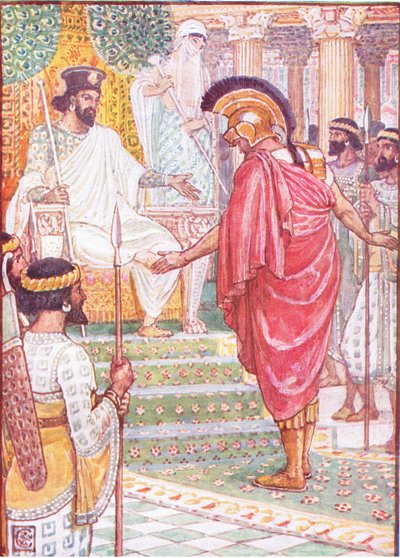 Stał w milczeniu przed królem, ilustracja z „Historii Grecji” autorstwa Walter Crane