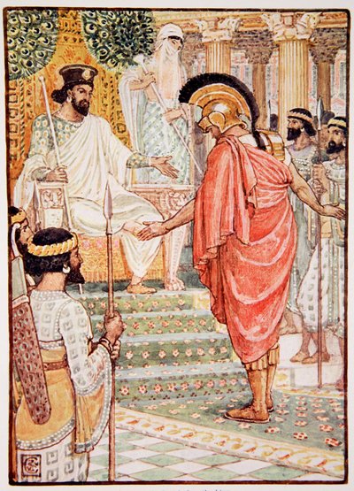 Stał w milczeniu przed królem, ilustracja z „Historii Grecji” Mary Macgregor, wydanie I, 1913 (druk kolorowy) autorstwa Walter Crane