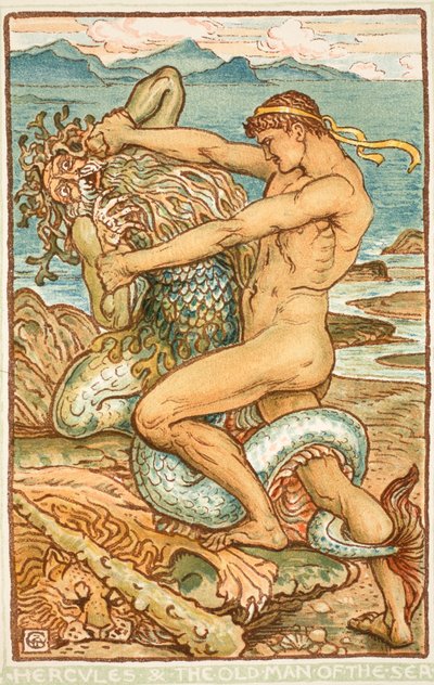 Herkules i staruszek morza, ilustracja z „Cudownej książki dla dziewcząt i chłopców” Nathaniela Hawthorne