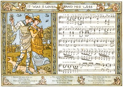 „To był kochanek i jego dziewczyna”, ilustracja do piosenki z „Pan-Pipes”, Księgi starych pieśni, na nowo zaaranżowanych iz akompaniamentami Theo. Marzials, opublikowane w Londynie przez George