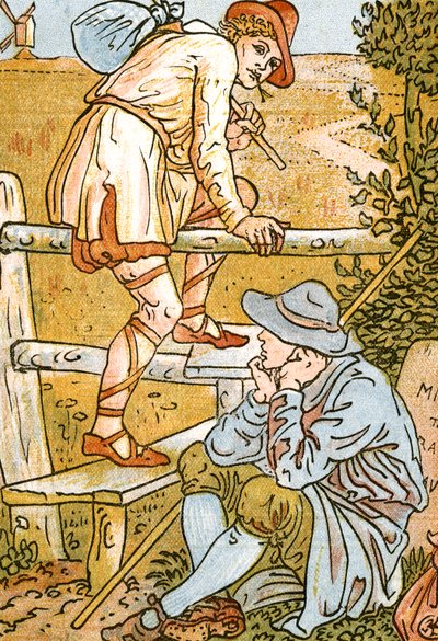 Jog On, Jog On, ilustracja do piosenki z Pan-Pipes, Księga starych pieśni, nowo zaaranżowana iz akompaniamentami Theo. Marzials, opublikowane w Londynie przez George Routledge & Sons, 1884 (de autorstwa Walter Crane