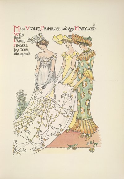 Miss Violet, Primrose i wesoły Marygold. Trzy młode damy autorstwa Walter Crane