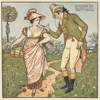 „Moja śliczna służąca”. Dżentelmen rozmawiający z młodą kobietą. autorstwa Walter Crane