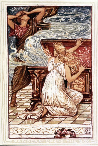 Pandora otwiera pudełko. Ilustracja Waltera Crane