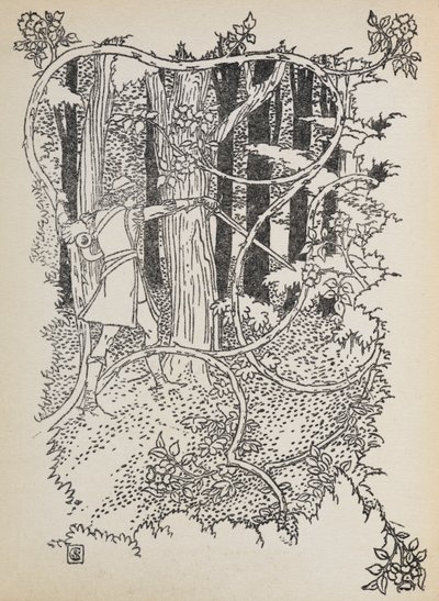 Książę z bajki toruje sobie drogę przez zarośnięty las do Śpiącej Królewny. autorstwa Walter Crane