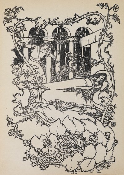 Książę z bajki znajduje Śpiącą Królewnę śpiącą w budynku porośniętym cierniami. autorstwa Walter Crane