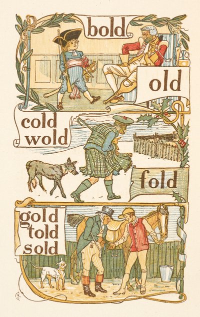 Rymowanie kończące się na literę D. Chłopiec przebrany za żołnierza. Szkot. Dżokej. Złoty podkład. autorstwa Walter Crane
