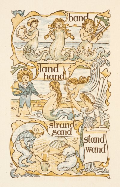 Rymowanki kończące się na literę D. Syreny. Dzieci budują zamki z piasku na plaży. Złoty podkład. autorstwa Walter Crane