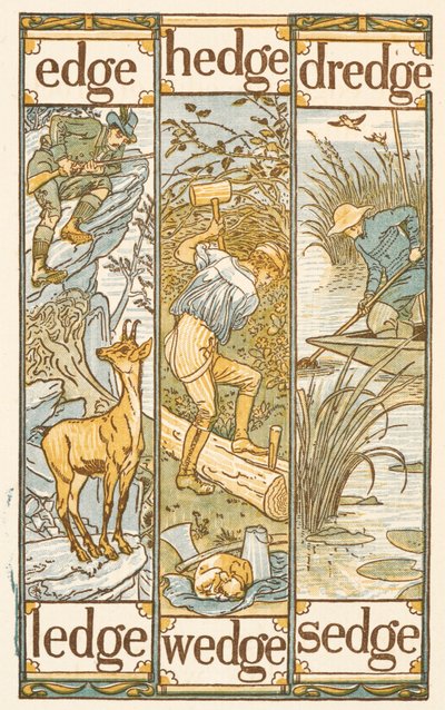 Rymowanie wyrazów kończących się na literę E. Złoty elementarz. autorstwa Walter Crane