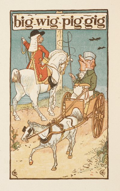 Rymowanki kończące się na literę G. Ilustracja przedstawiająca świnię jadącą na koniu, a drugą prowadzącą wóz. Złoty podkład. autorstwa Walter Crane