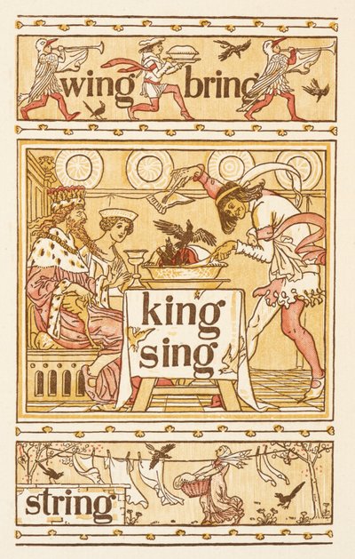 Rymowanie wyrazów kończących się na literę G. Kosy w cieście. Linia do prania. Złoty podkład. autorstwa Walter Crane