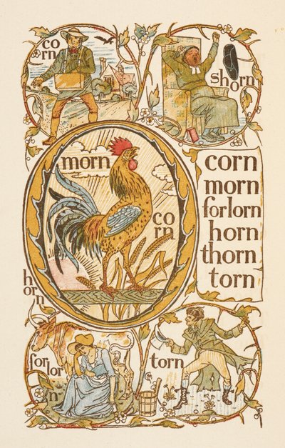 Rymowanie słów kończących się na literę N. Aby zilustrować użycie litery O. Złoty elementarz. autorstwa Walter Crane