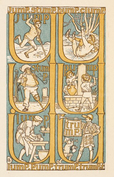 Rymowanie słów kończących się na literę P. Dla zilustrowania użycia litery U. Złoty elementarz. autorstwa Walter Crane