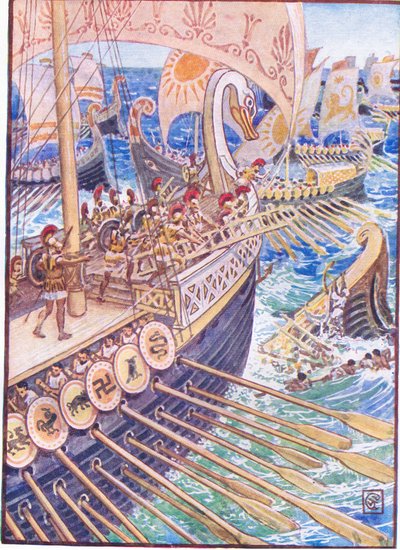 Statek uderzał w statek, aż zmarli perscy rozrzucili głębię jak kwiaty, ilustracja z Historii Grecji, lata 30. XX wieku autorstwa Walter Crane