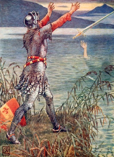 Sir Bedevere rzuca miecz Excalibur do jeziora autorstwa Walter Crane