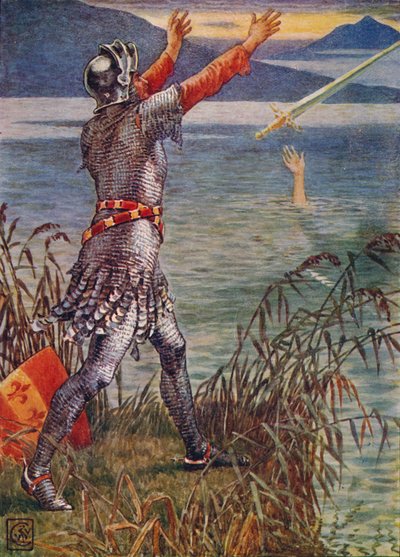 Sir Bedivere rzuca miecz Excalibur do jeziora, 1911. autorstwa Walter Crane
