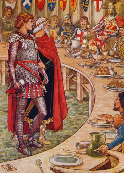 Sir Galahad zostaje postawiony przed sądem króla Artura w 1911 roku. autorstwa Walter Crane