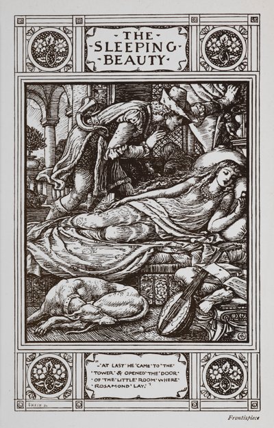 Śpiąca Królewna śpi w otoczeniu śpiącego psa i instrumentu muzycznego, podczas gdy Książę z Bajki czuwa nad nią. autorstwa Walter Crane