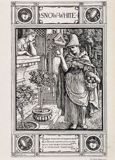 Królewna Śnieżka i wiedźma pielęgnująca jabłko - w „Opowieściach z domu z kolekcji Bros Grimm”, tłumaczone z niemieckiego przez Lucy Crane, Londyn mac millan & Co ltd autorstwa Walter Crane
