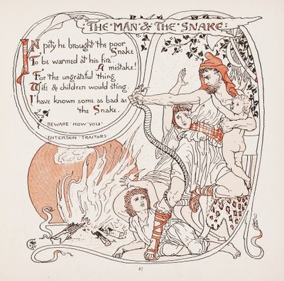 Człowiek i wąż, ilustracja z Bajek Ezopów, wyd. 1887 autorstwa Walter Crane
