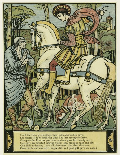 Książę pyta o drogę, z The Blue Beard Picture Book, wyd. 1879 (kolor lito) autorstwa Walter Crane