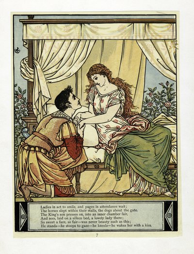 Książę budzi Beauty, z książki Obrazek Niebieskobrody, wyd. 1879 (kolor lito) autorstwa Walter Crane