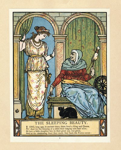 Księżniczka uczy się kręcić, z książki The Blue Beard Picture Book, pub. 1879 (kolor lito) autorstwa Walter Crane