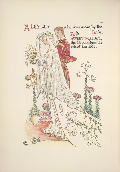 Panna młoda i pan młody. Biała liliowa szata noszona przez pannę młodą i słodki William, pan młody, ubrany na czerwono autorstwa Walter Crane