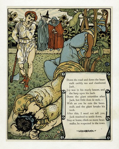 Olbrzym łamie sobie kark”, z książki Obrazkowa Niebieska Broda, wyd. 1879 (kolor lito) autorstwa Walter Crane