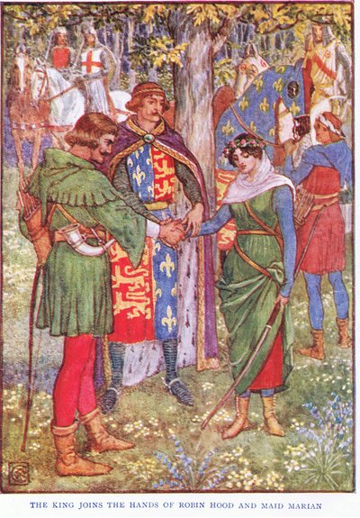 Król wchodzi w ręce Robin Hooda i Maid Marian, ok. 1920 autorstwa Walter Crane