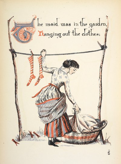 Pokojówka była w ogrodzie, wieszając ubrania. autorstwa Walter Crane