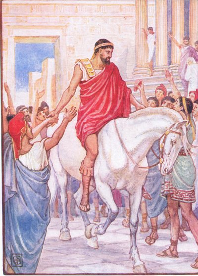 Tłum pozdrawiał go głośnymi aklamacjami, ilustracja z Historii Grecji, lata 30. XX wieku autorstwa Walter Crane