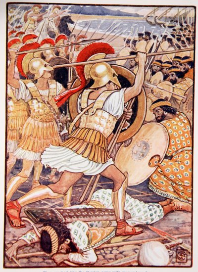 Rozbili się o armię perską z ogromną siłą, ilustracja z "The Story of Greece" Mary Macgregor, wydanie pierwsze, 1913 (kolorowa odbitka) autorstwa Walter Crane