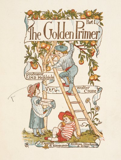 Strona tytułowa Złotego elementarza. Dziecko jest na drabinie i zbiera jabłka z drzewa. autorstwa Walter Crane