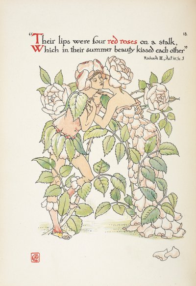 Dwie postacie całujące się przebrane za róże autorstwa Walter Crane