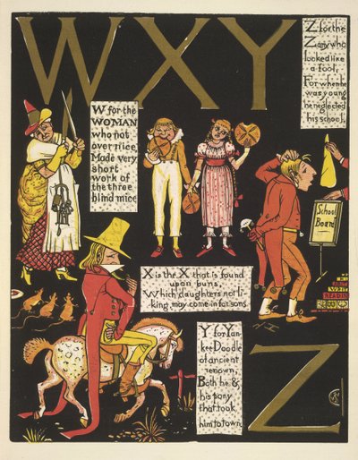 WXYZ-W dla kobiety, która nie była zbyt miła; X to X, który znajduje się na bułkach; Y jak yankee doodle; i Z dla szaleńca, który wyglądał jak głupiec autorstwa Walter Crane