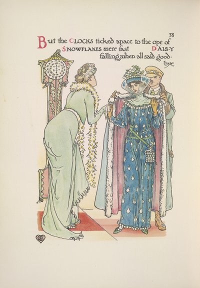 Goście weselni wyjeżdżają. Żegnająca pani; mężczyzna pomaga jej włożyć płaszcz autorstwa Walter Crane