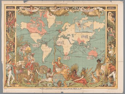 Mapa świata przedstawiająca kolonialne imperium brytyjskie, 1886 r Federacja Cesarska, mapa świata przedstawiająca zasięg Imperium Brytyjskiego w 1886 r. (tytuł na obiekcie) autorstwa Walter Crane