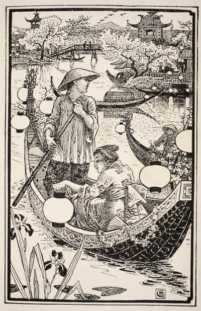 Kiedy nadszedł wieczór, wsiedli do swojej łodzi i ozdobili ją kwiatami od dziobu do rufy, ilustracja z "Mrs Burton Harrison