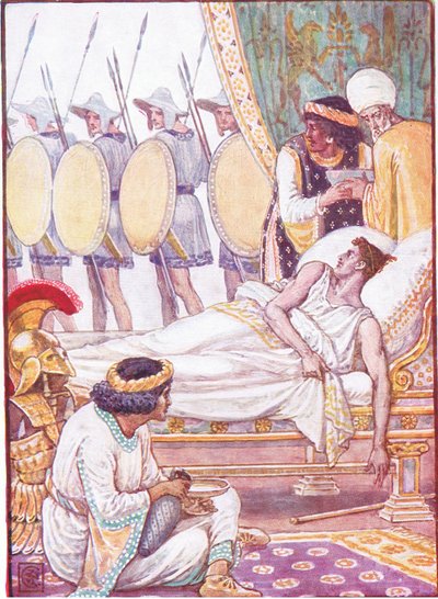 Z wysiłkiem patrzył na nich, gdy przechodzili, ilustracja z Historii Grecji, lata 30. XX wieku autorstwa Walter Crane