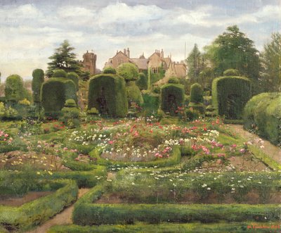 Ogrody Topiary, Levens Hall, Cumbria, 1886 (olej na płótnie ułożony na płycie) autorstwa Walter Frederick Roofe Tyndale