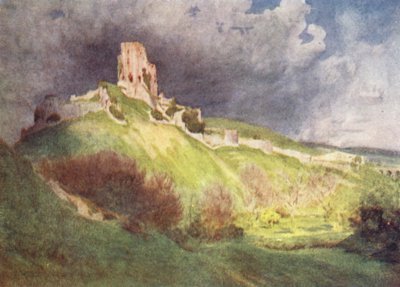 Wessex: Corfe Castle, The "Corvesgate Castle" of The Hand of Ethelberta (kolorowa litografia) autorstwa Walter Frederick Roofe Tyndale