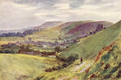 Wessex: Corfe Castle z Nine Barrow Down (kolorowa litografia) autorstwa Walter Frederick Roofe Tyndale