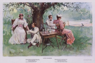 Bezczynność miłości: dwie pary relaksujące się w cieniu pod drzewem w ogrodzie (kolor lito) autorstwa Walter Granville Smith