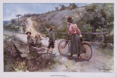 Organy konsultacyjne: kobieta wyszła na przejażdżkę rowerową pytając grupę dzieci o drogę (litografia kolorowa) autorstwa Walter Granville Smith