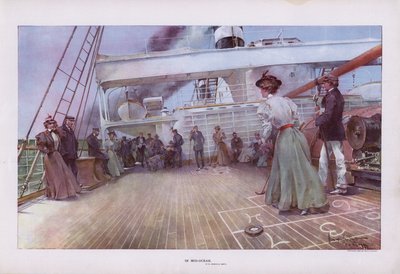W Mid-Ocean: pasażerowie grający w shuffleboard na pokładzie statku (kolor lito) autorstwa Walter Granville Smith