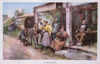 Nowe twarze w starych miejscach: grupa rowerzystów spożywająca posiłek w przydrożnej karczmie (kolor lito) autorstwa Walter Granville Smith