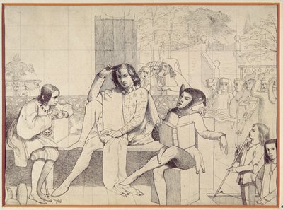 Dwunasta Noc, ok. 1850 (rysunek piórem) autorstwa Walter Howell Deverell